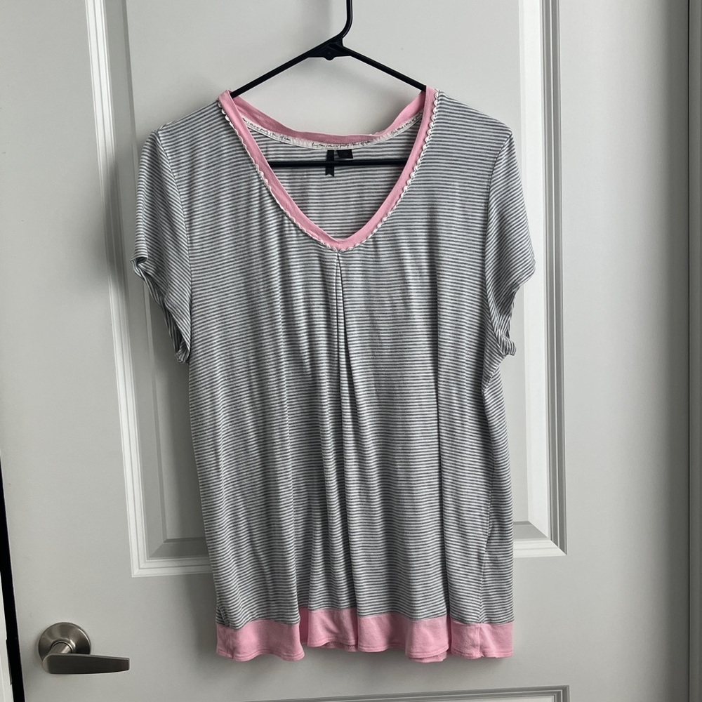 Kensie Gray Striped Pajama Top with Pink Trim